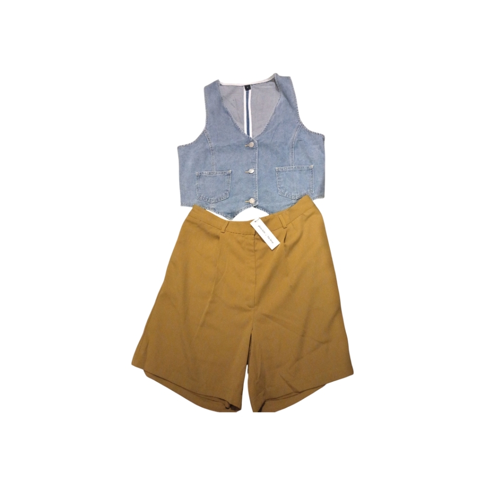 The Drop Denim Vest and Green Moss Shorts Set, Size Large, NWT